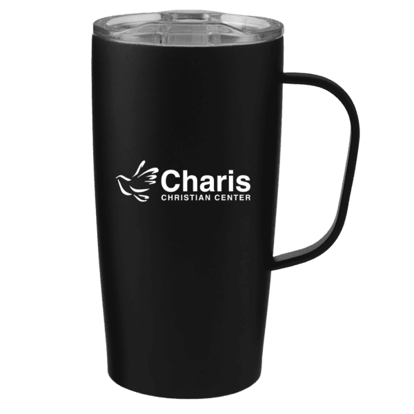 Charis Tumbler Mug in Black with logo