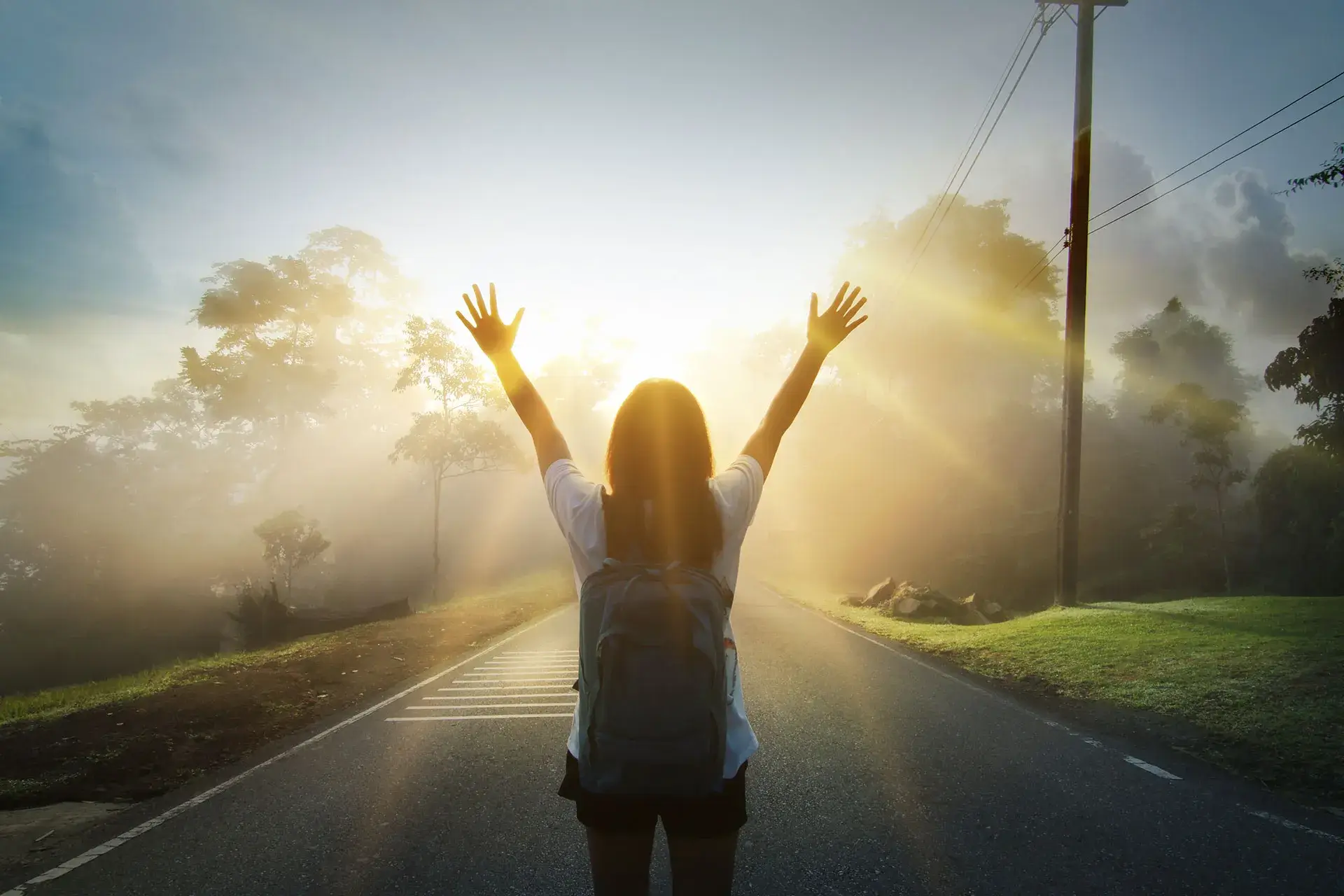 Happy young girl enjoy backpacking. refreshed and energize your life