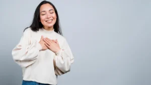 Happy mindful thankful young woman